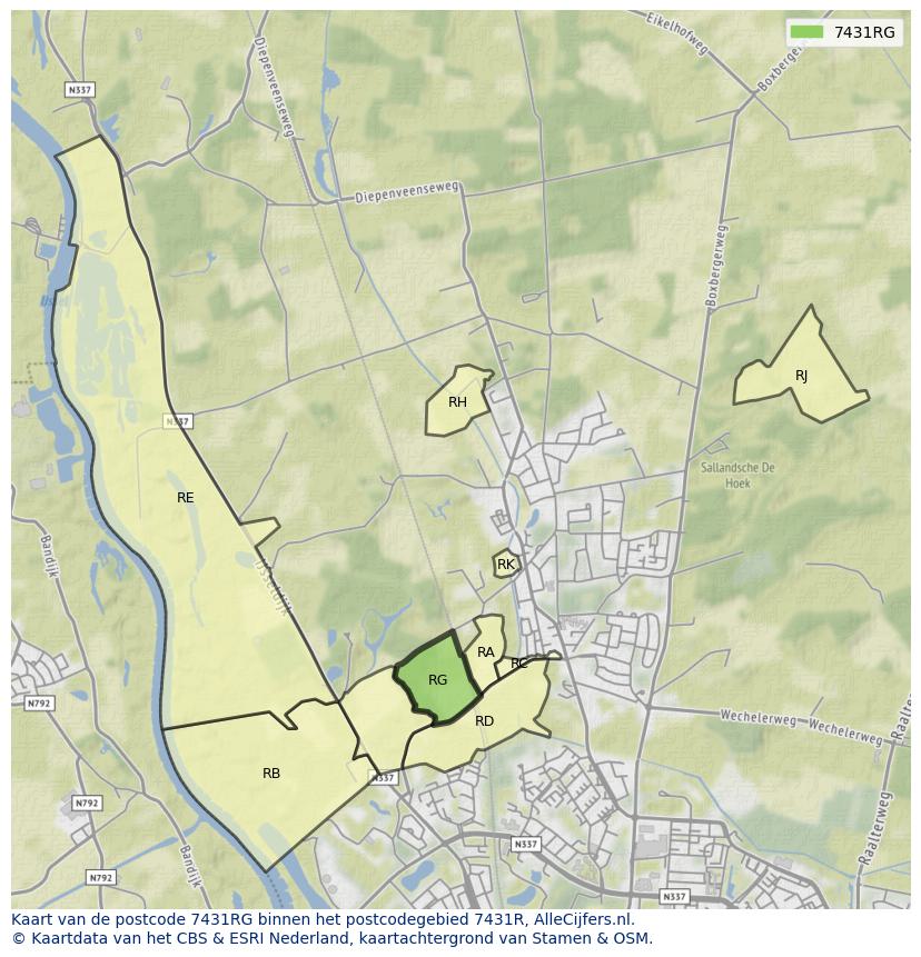 Afbeelding van het postcodegebied 7431 RG op de kaart.