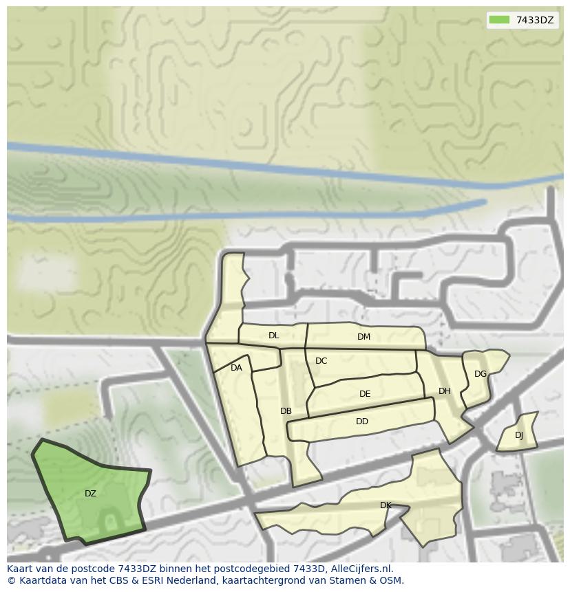 Afbeelding van het postcodegebied 7433 DZ op de kaart.