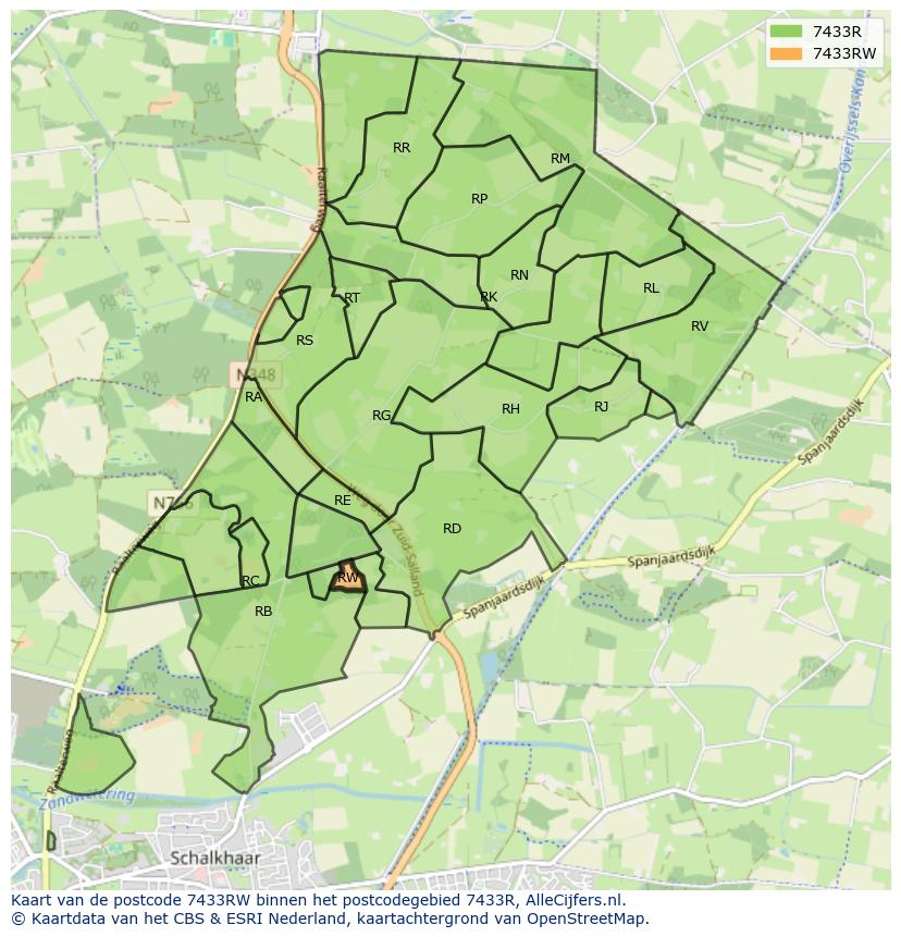 Afbeelding van het postcodegebied 7433 RW op de kaart.