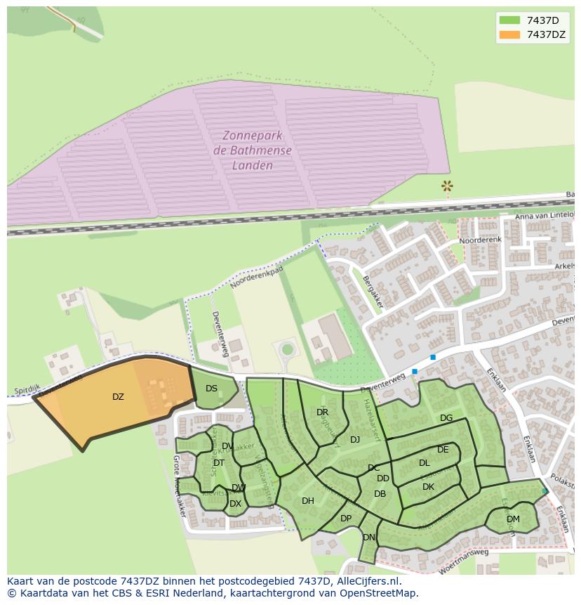 Afbeelding van het postcodegebied 7437 DZ op de kaart.
