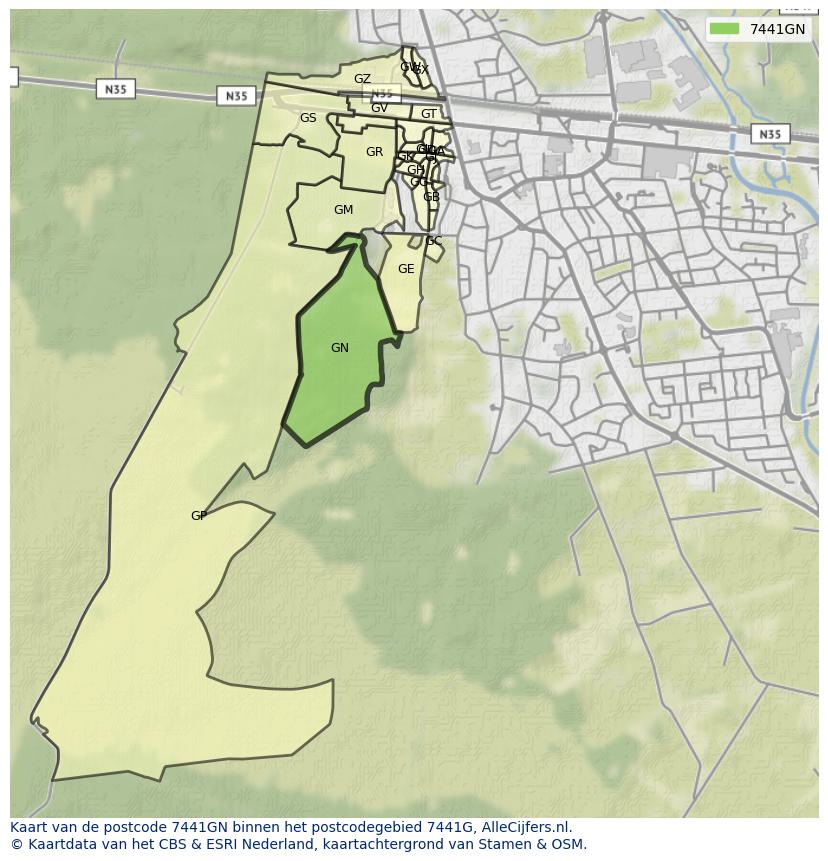 Afbeelding van het postcodegebied 7441 GN op de kaart.