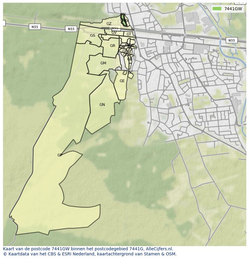 Afbeelding van het postcodegebied 7441 GW op de kaart.
