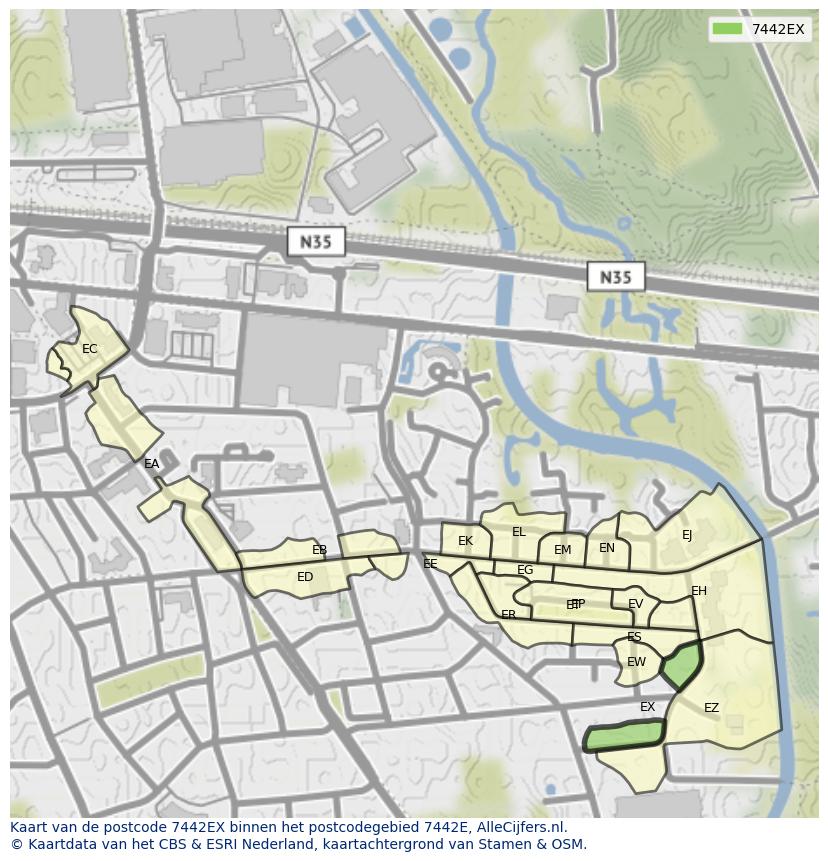 Afbeelding van het postcodegebied 7442 EX op de kaart.