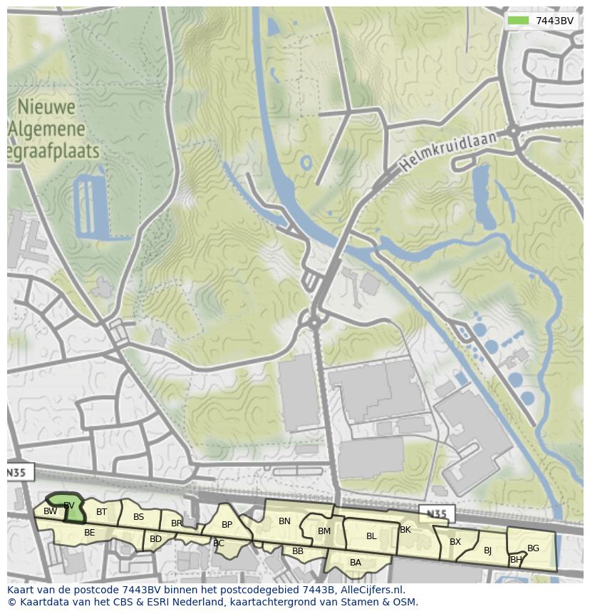Afbeelding van het postcodegebied 7443 BV op de kaart.