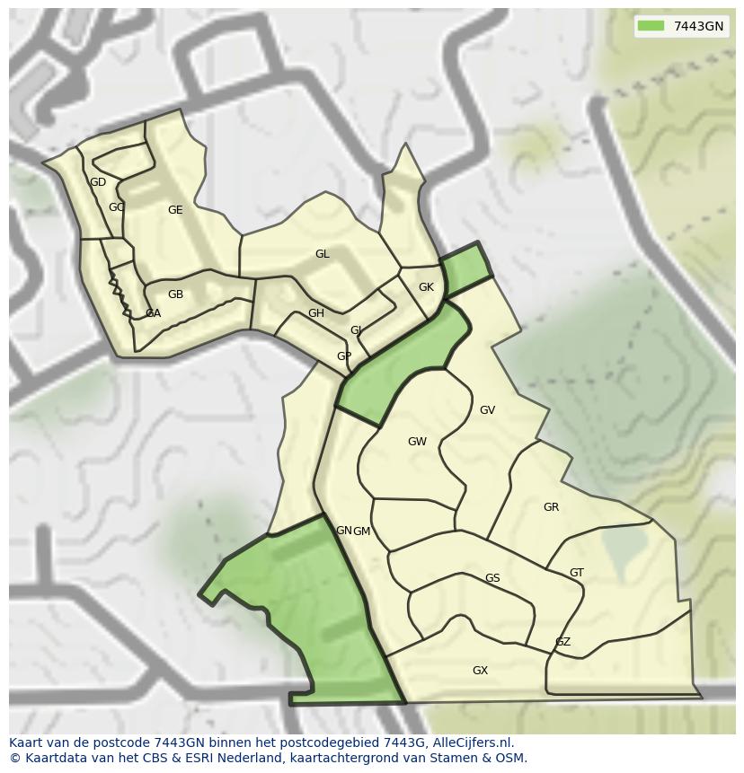 Afbeelding van het postcodegebied 7443 GN op de kaart.
