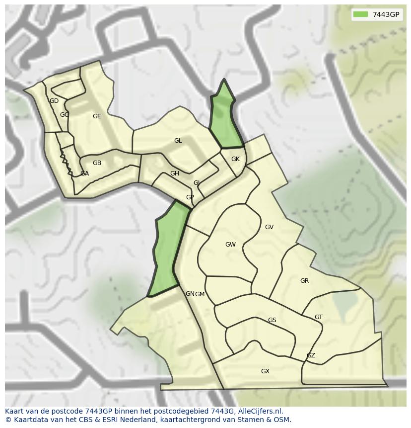 Afbeelding van het postcodegebied 7443 GP op de kaart.