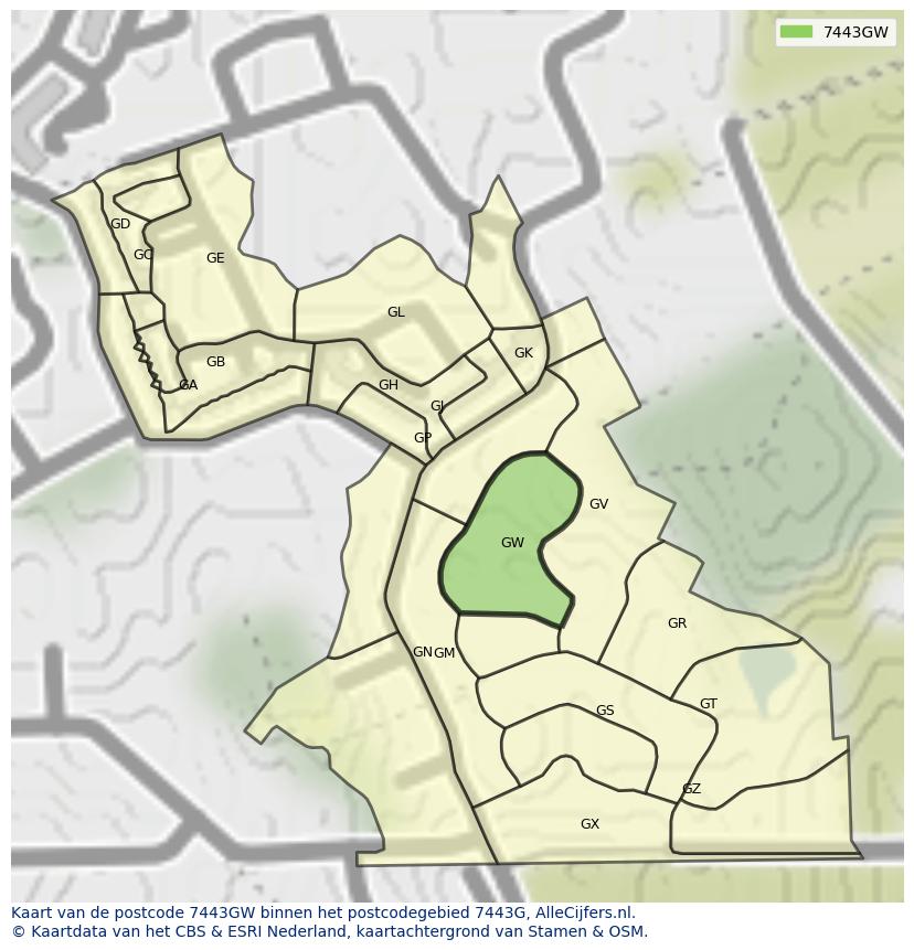 Afbeelding van het postcodegebied 7443 GW op de kaart.