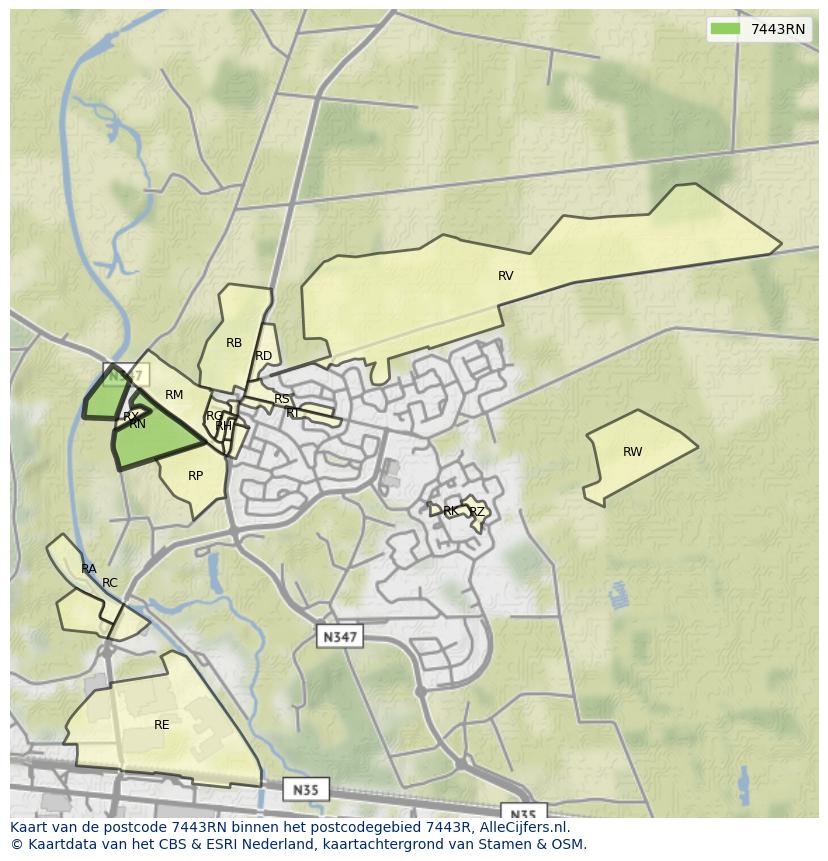 Afbeelding van het postcodegebied 7443 RN op de kaart.