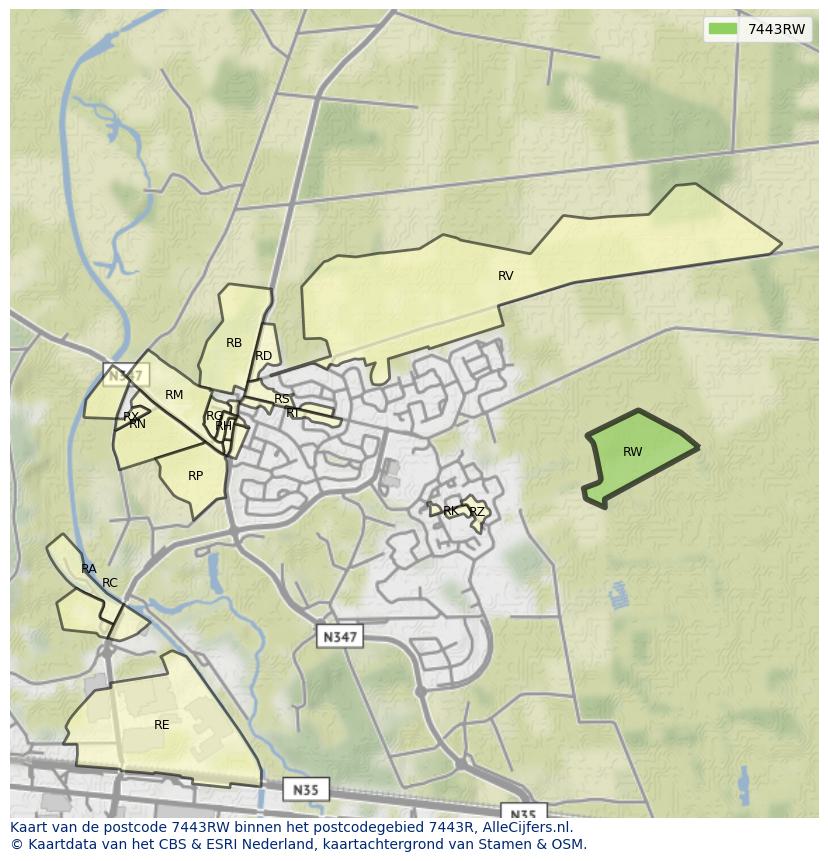 Afbeelding van het postcodegebied 7443 RW op de kaart.