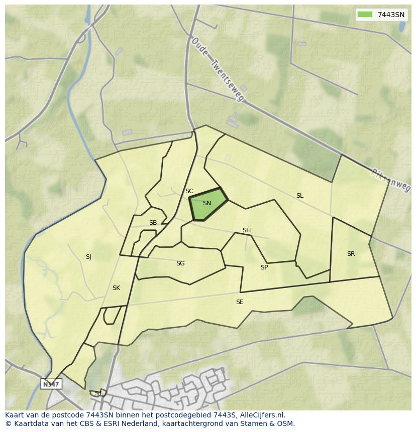 Afbeelding van het postcodegebied 7443 SN op de kaart.