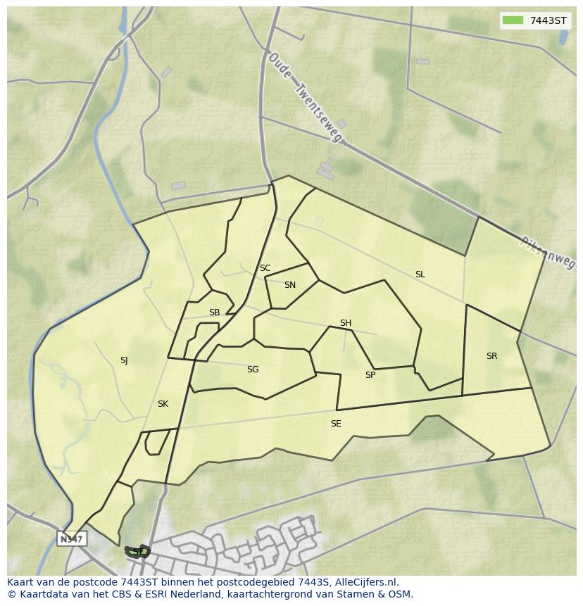 Afbeelding van het postcodegebied 7443 ST op de kaart.