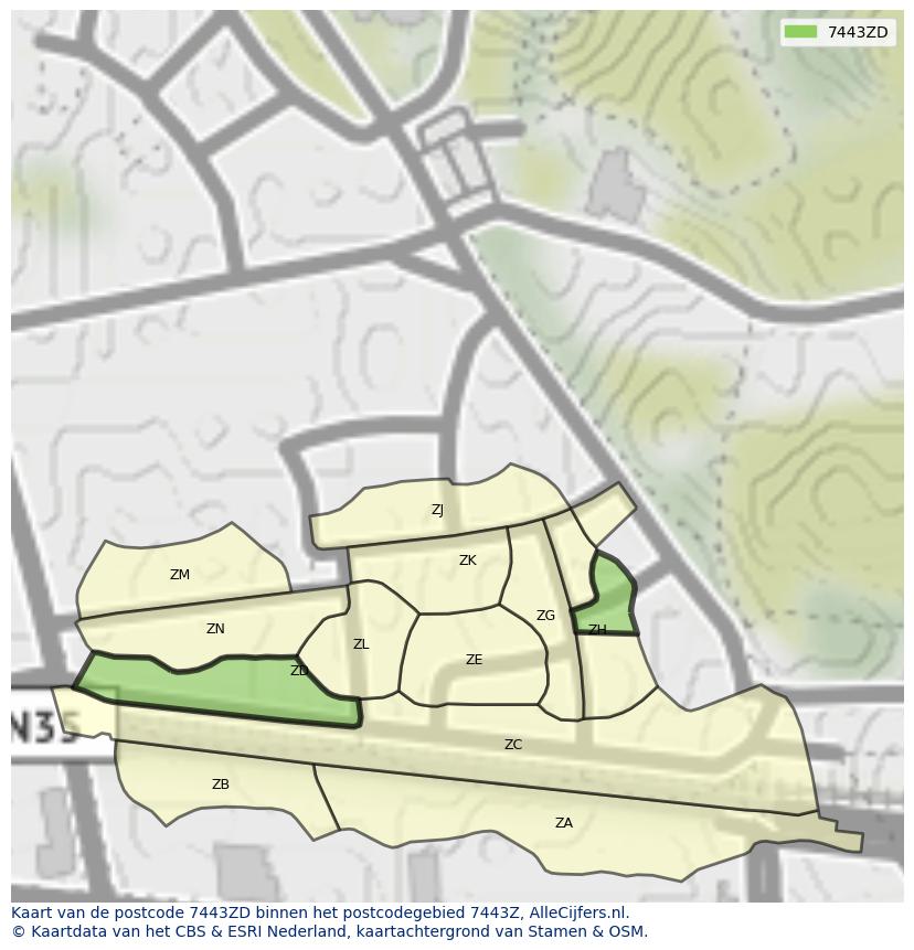 Afbeelding van het postcodegebied 7443 ZD op de kaart.