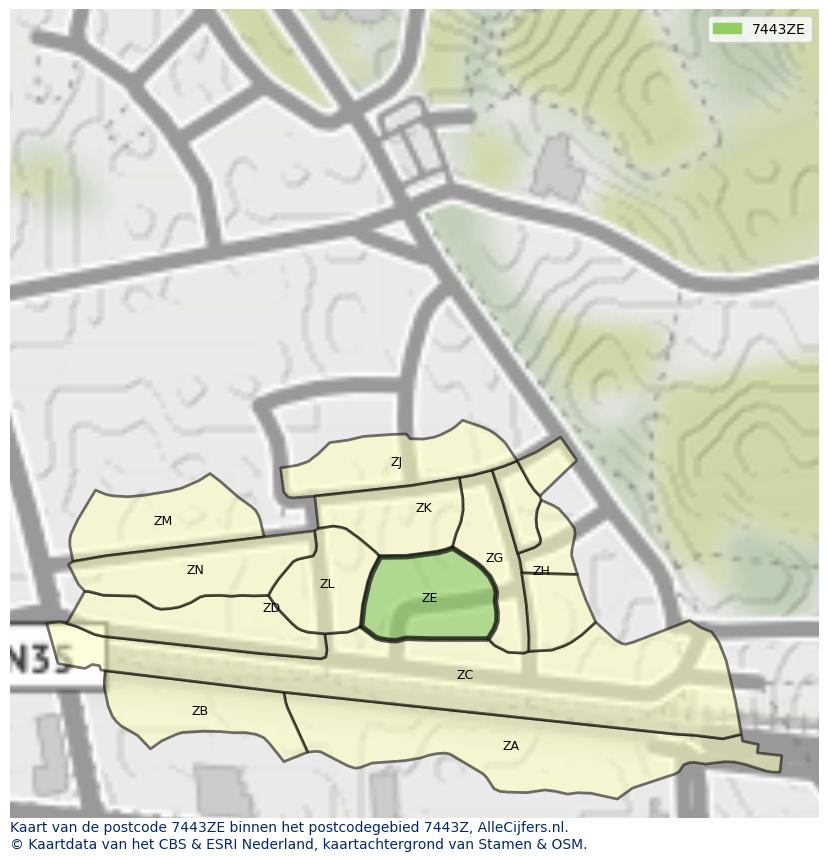 Afbeelding van het postcodegebied 7443 ZE op de kaart.
