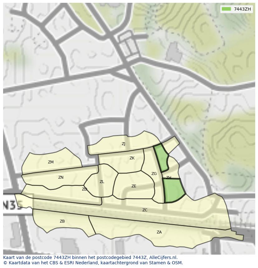 Afbeelding van het postcodegebied 7443 ZH op de kaart.