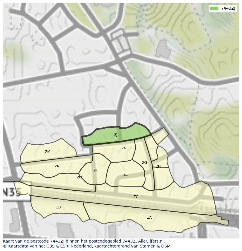 Afbeelding van het postcodegebied 7443 ZJ op de kaart.