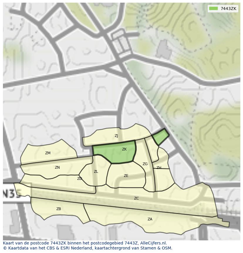 Afbeelding van het postcodegebied 7443 ZK op de kaart.