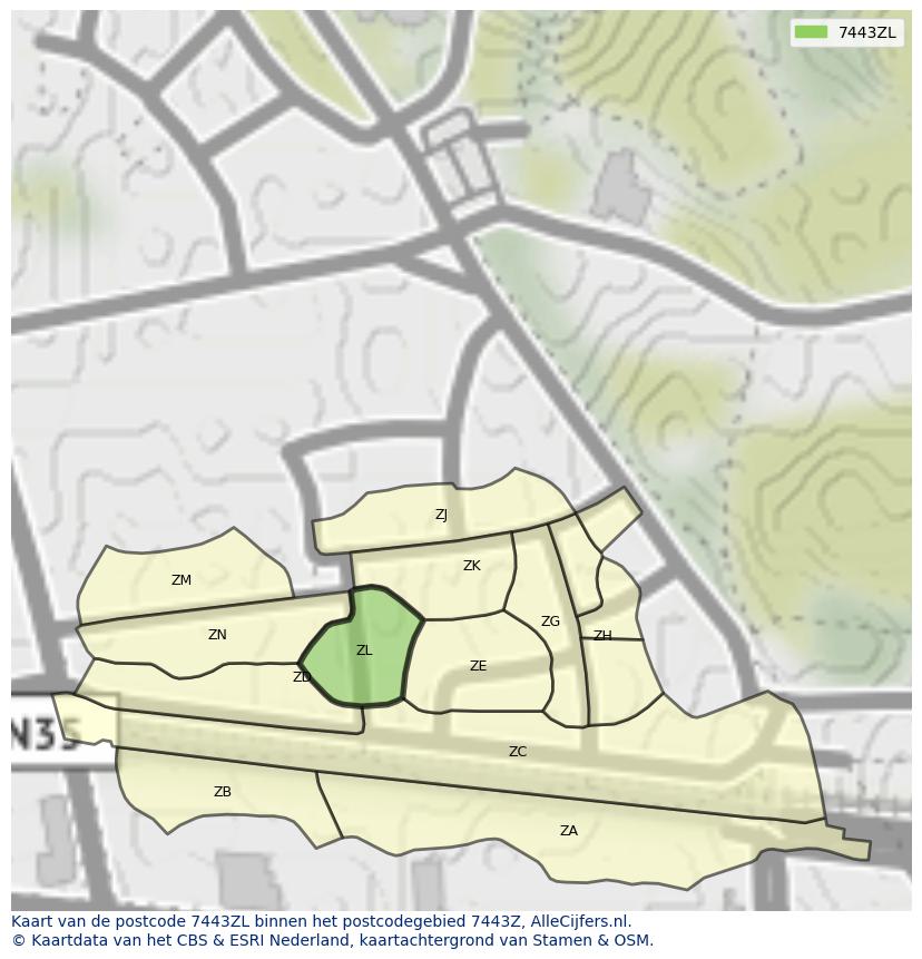 Afbeelding van het postcodegebied 7443 ZL op de kaart.