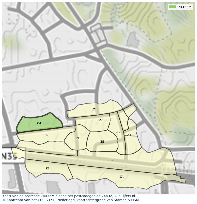 Afbeelding van het postcodegebied 7443 ZM op de kaart.
