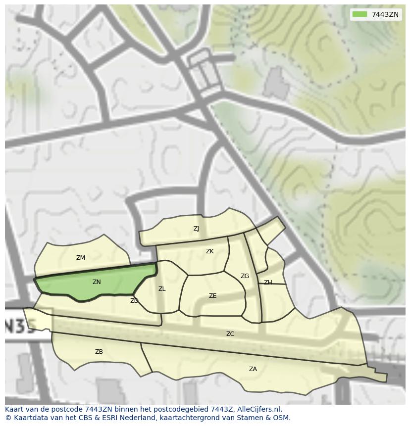 Afbeelding van het postcodegebied 7443 ZN op de kaart.