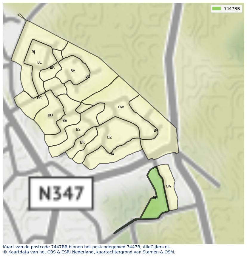 Afbeelding van het postcodegebied 7447 BB op de kaart.