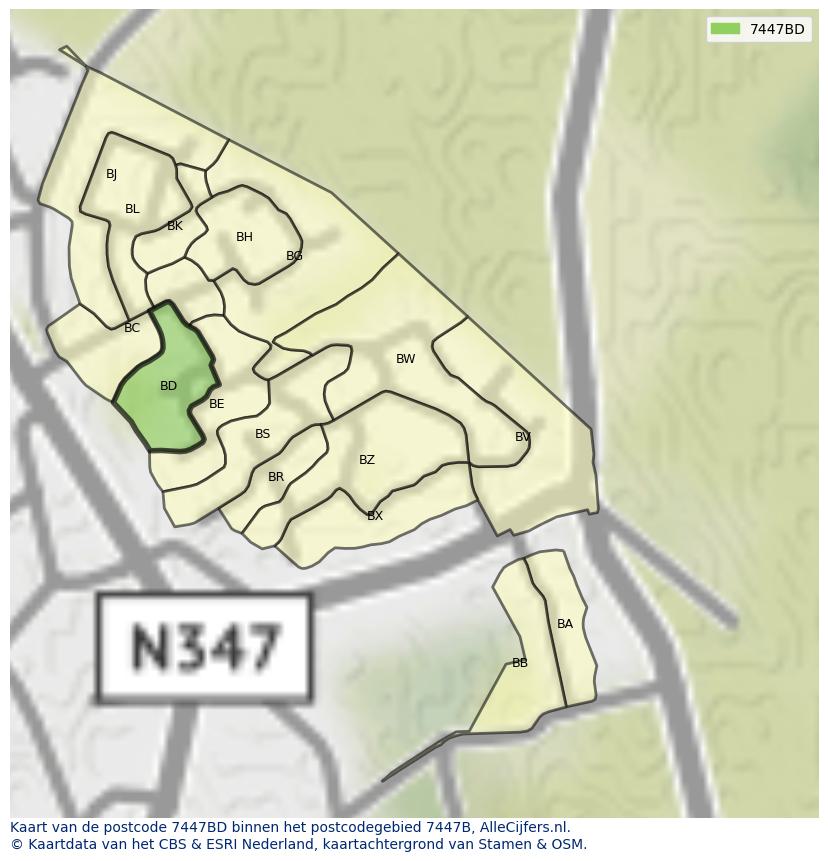 Afbeelding van het postcodegebied 7447 BD op de kaart.
