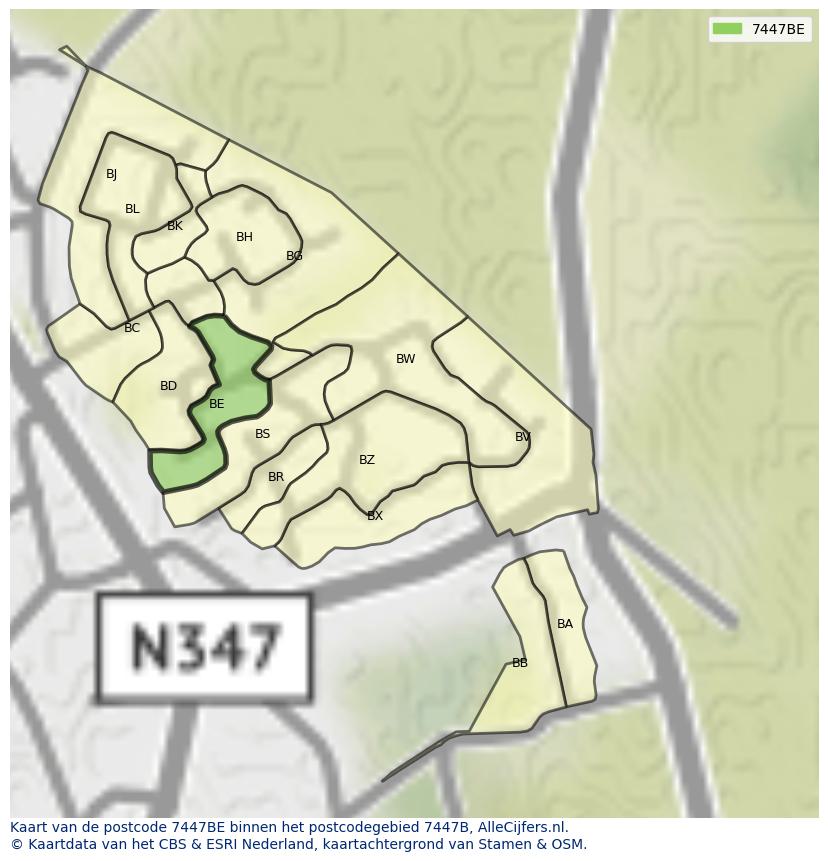 Afbeelding van het postcodegebied 7447 BE op de kaart.