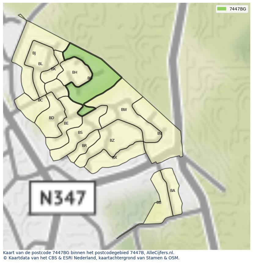 Afbeelding van het postcodegebied 7447 BG op de kaart.