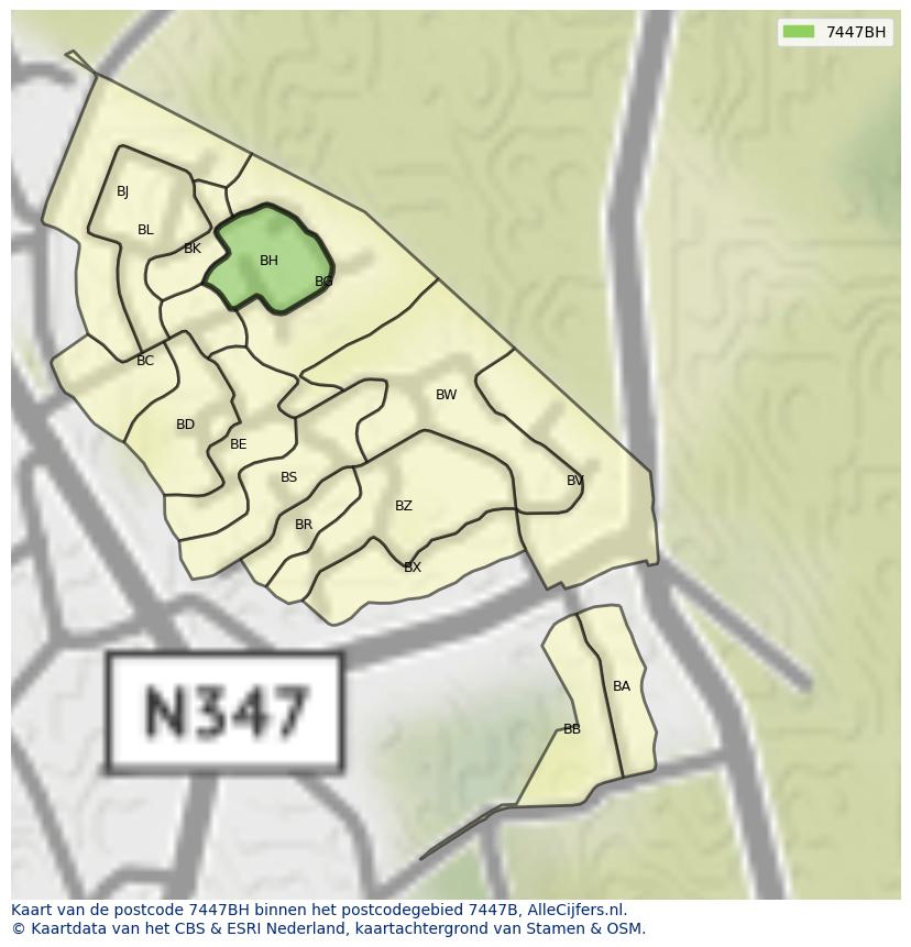 Afbeelding van het postcodegebied 7447 BH op de kaart.