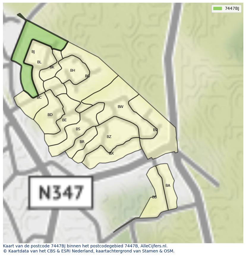 Afbeelding van het postcodegebied 7447 BJ op de kaart.
