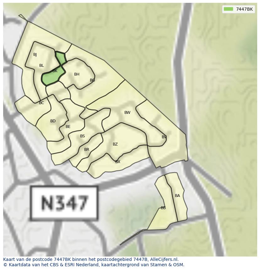Afbeelding van het postcodegebied 7447 BK op de kaart.