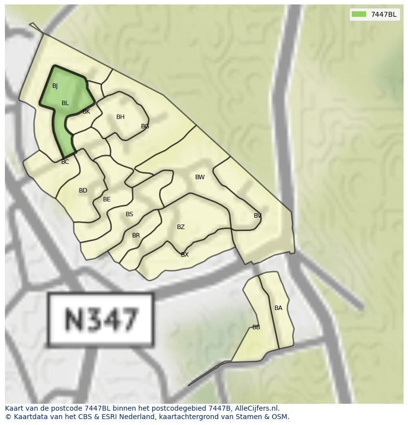 Afbeelding van het postcodegebied 7447 BL op de kaart.
