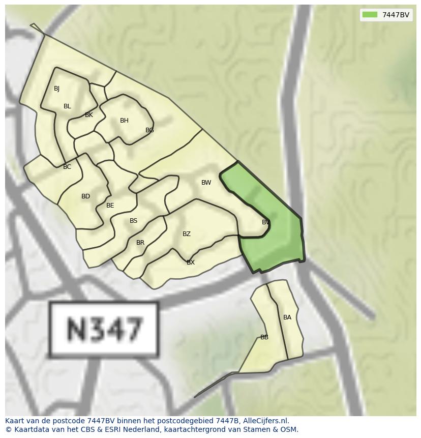 Afbeelding van het postcodegebied 7447 BV op de kaart.