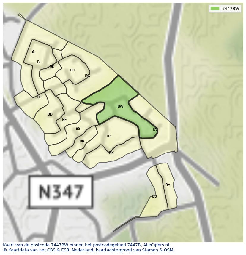 Afbeelding van het postcodegebied 7447 BW op de kaart.