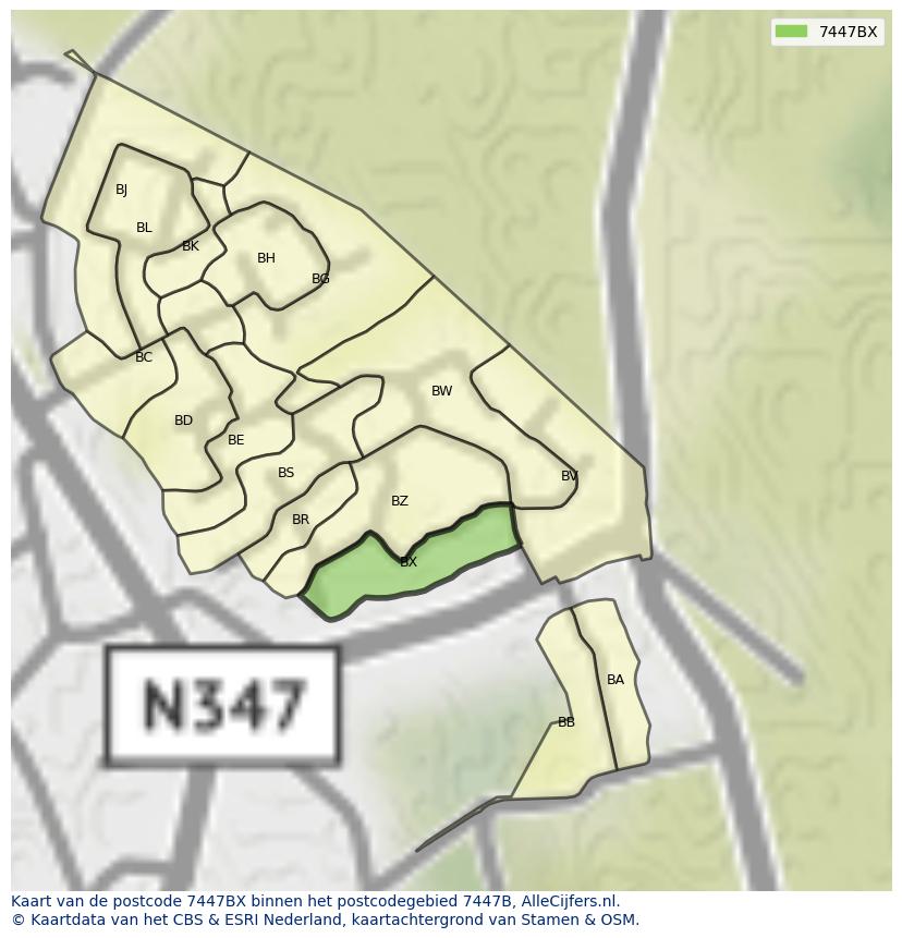Afbeelding van het postcodegebied 7447 BX op de kaart.