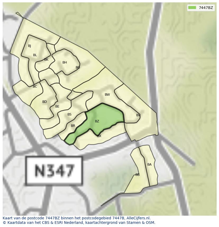 Afbeelding van het postcodegebied 7447 BZ op de kaart.