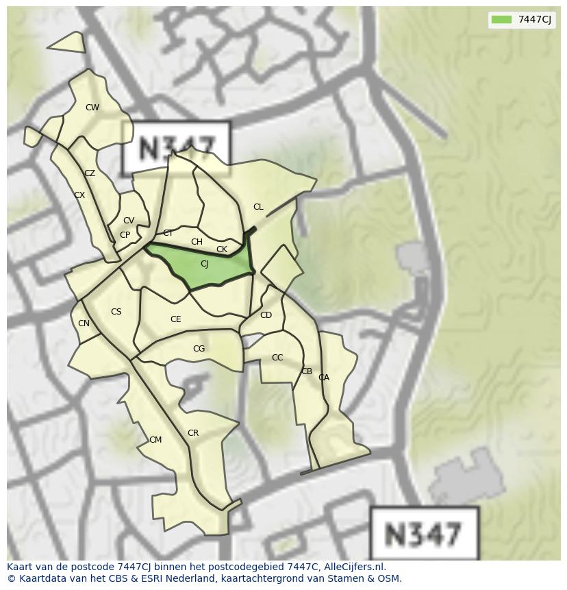 Afbeelding van het postcodegebied 7447 CJ op de kaart.