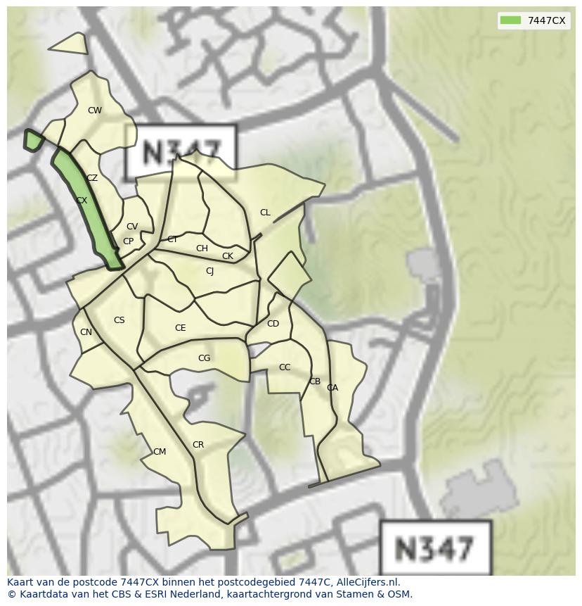 Afbeelding van het postcodegebied 7447 CX op de kaart.