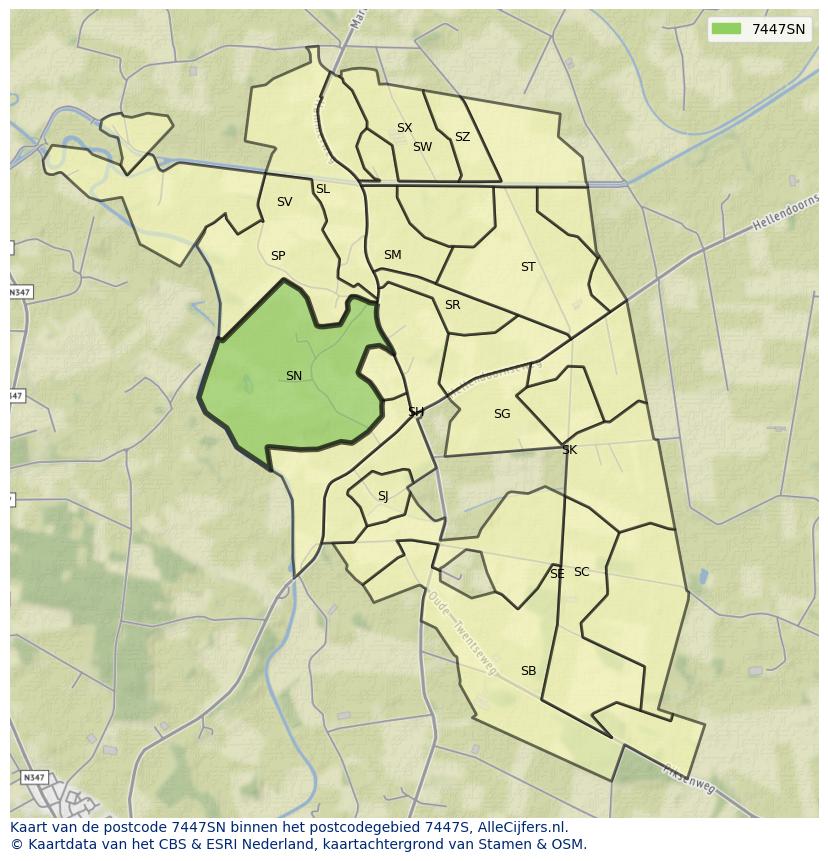 Afbeelding van het postcodegebied 7447 SN op de kaart.