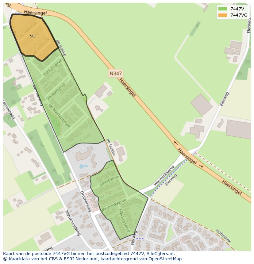 Afbeelding van het postcodegebied 7447 VG op de kaart.