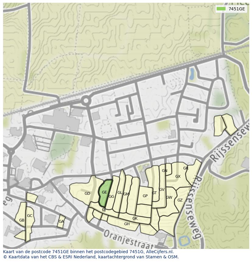 Afbeelding van het postcodegebied 7451 GE op de kaart.