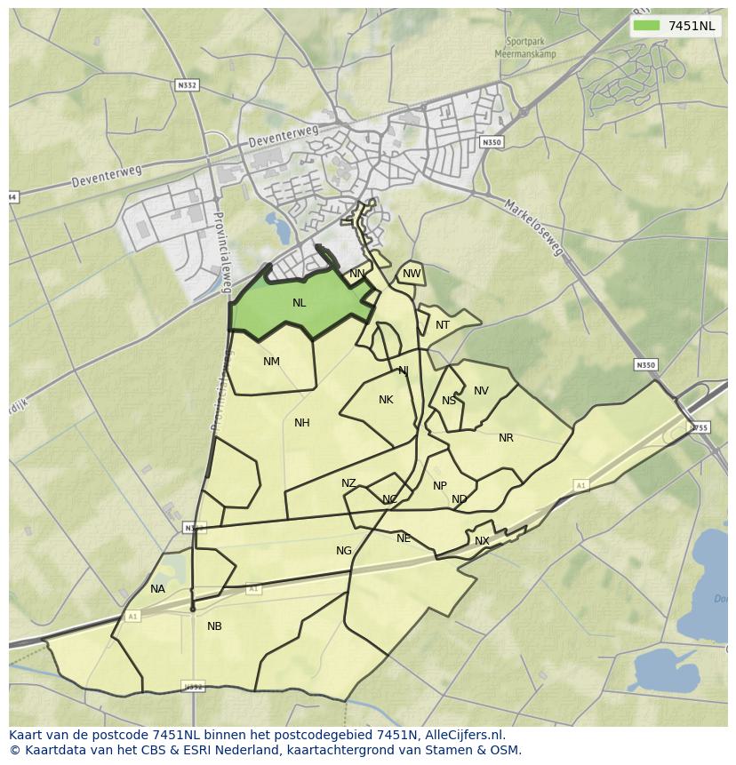 Afbeelding van het postcodegebied 7451 NL op de kaart.