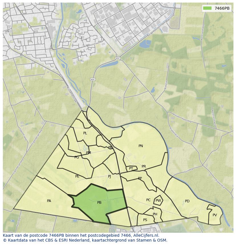 Afbeelding van het postcodegebied 7466 PB op de kaart.