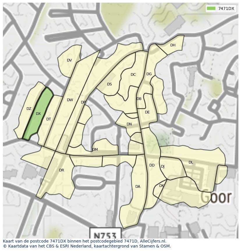 Afbeelding van het postcodegebied 7471 DX op de kaart.