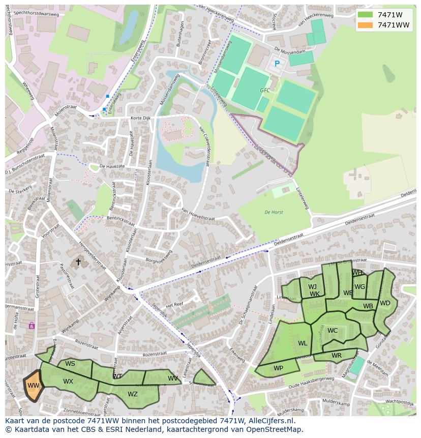 Afbeelding van het postcodegebied 7471 WW op de kaart.