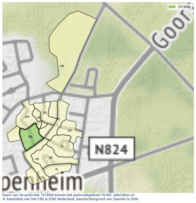Afbeelding van het postcodegebied 7478 XN op de kaart.