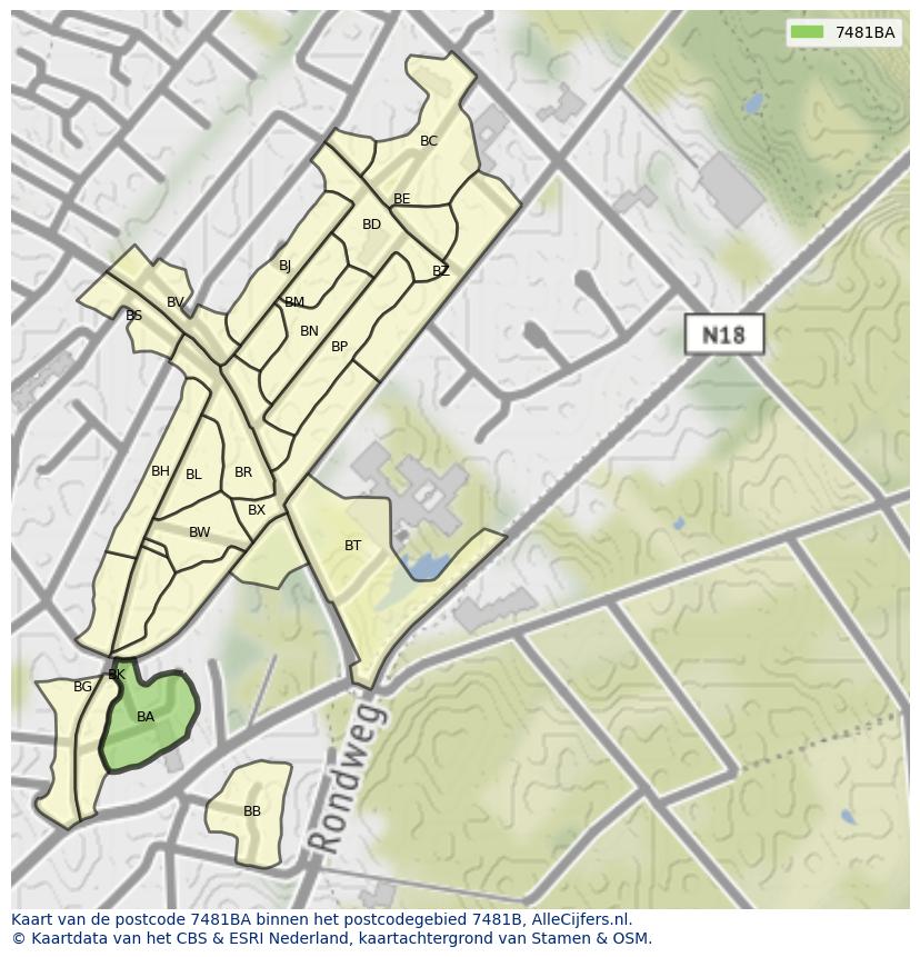 Afbeelding van het postcodegebied 7481 BA op de kaart.