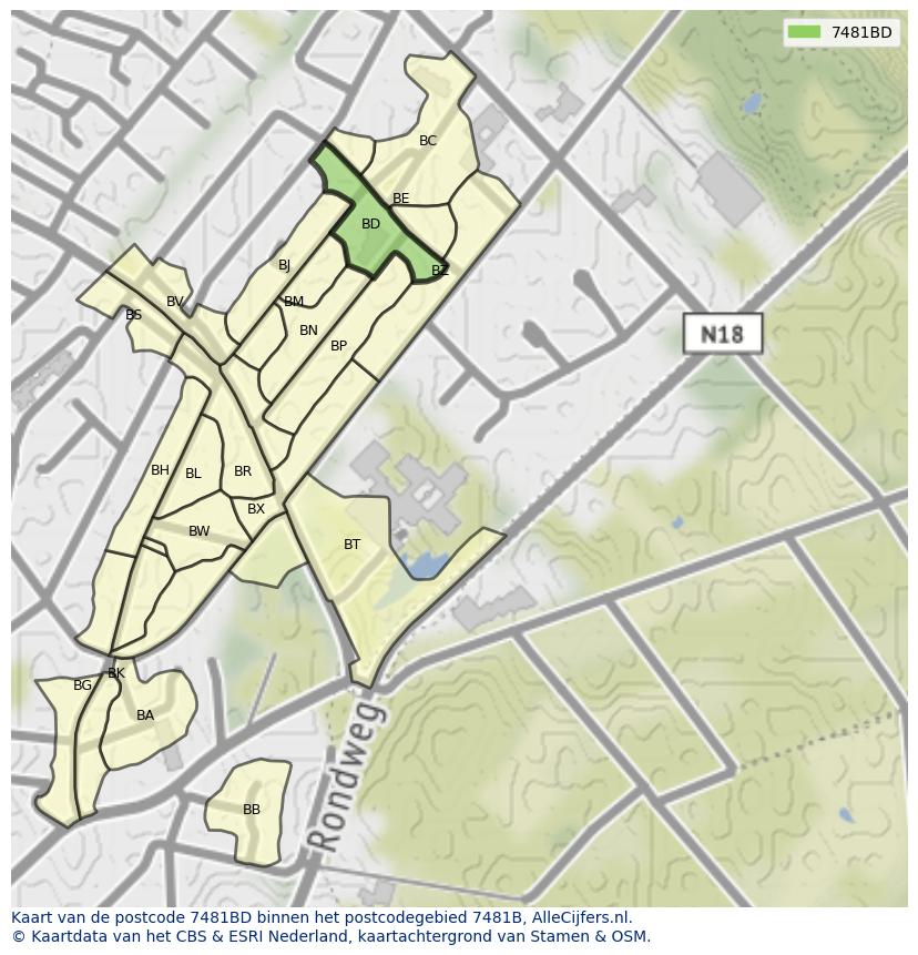 Afbeelding van het postcodegebied 7481 BD op de kaart.