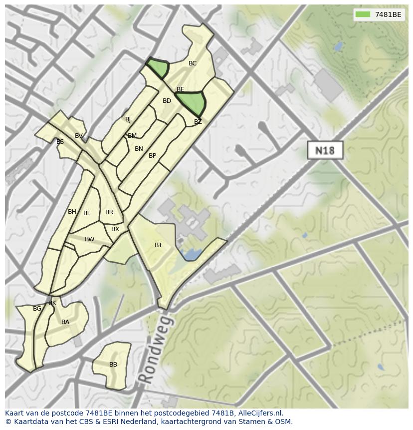 Afbeelding van het postcodegebied 7481 BE op de kaart.