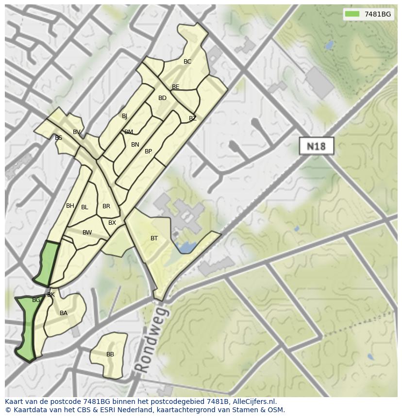 Afbeelding van het postcodegebied 7481 BG op de kaart.