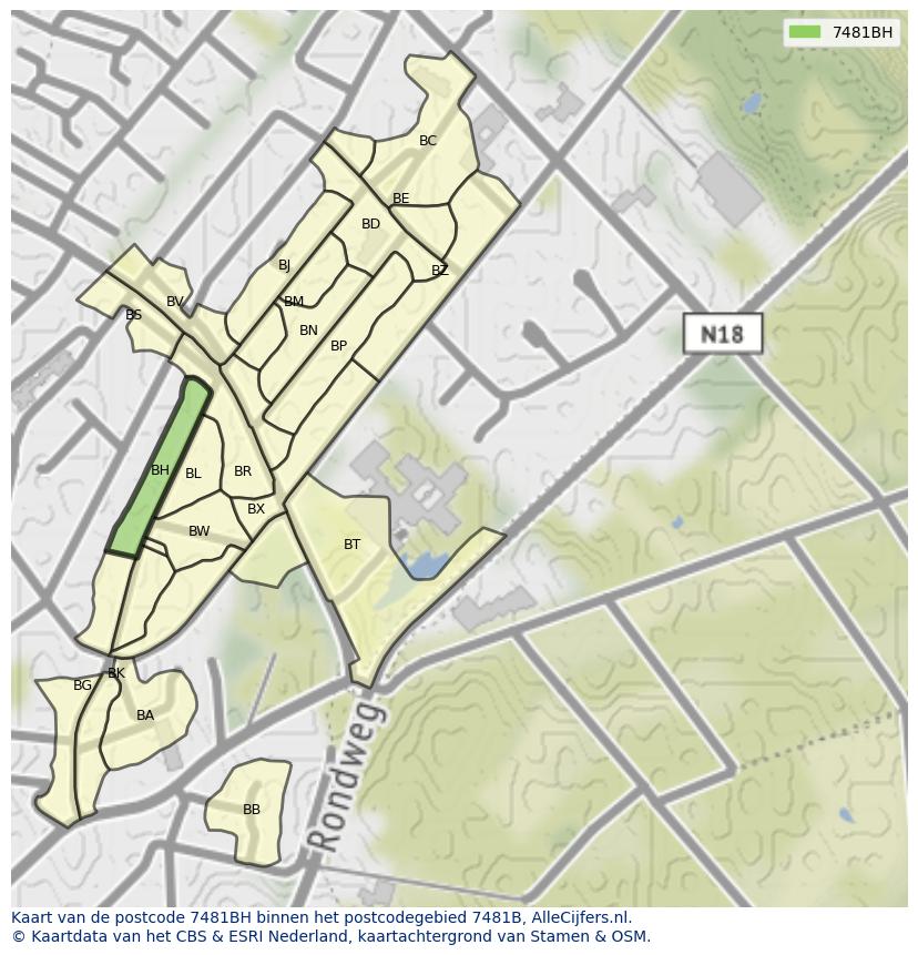 Afbeelding van het postcodegebied 7481 BH op de kaart.